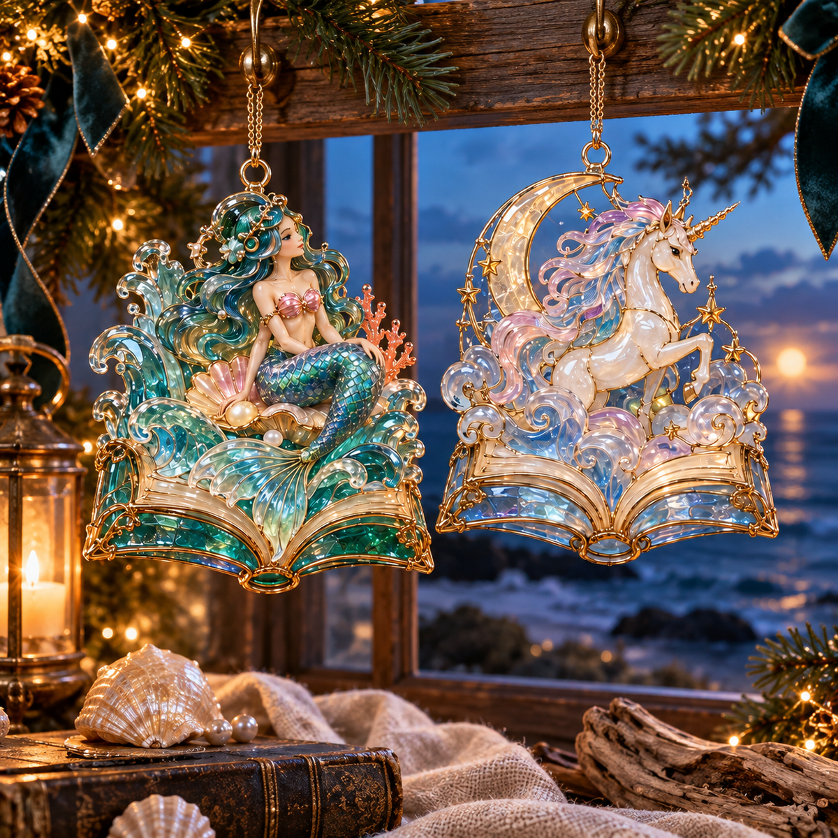 🎄 2026 Enchanted Storybook Christmas Ornaments – Set of 6 | Stained Glass Fairy Tale Castle, Unicorn, Fairy, Mermaid, Dragon & Snowy Village Hanging Decorations | Magical Christmas Tree Ornaments & Fantasy Lover Gifts