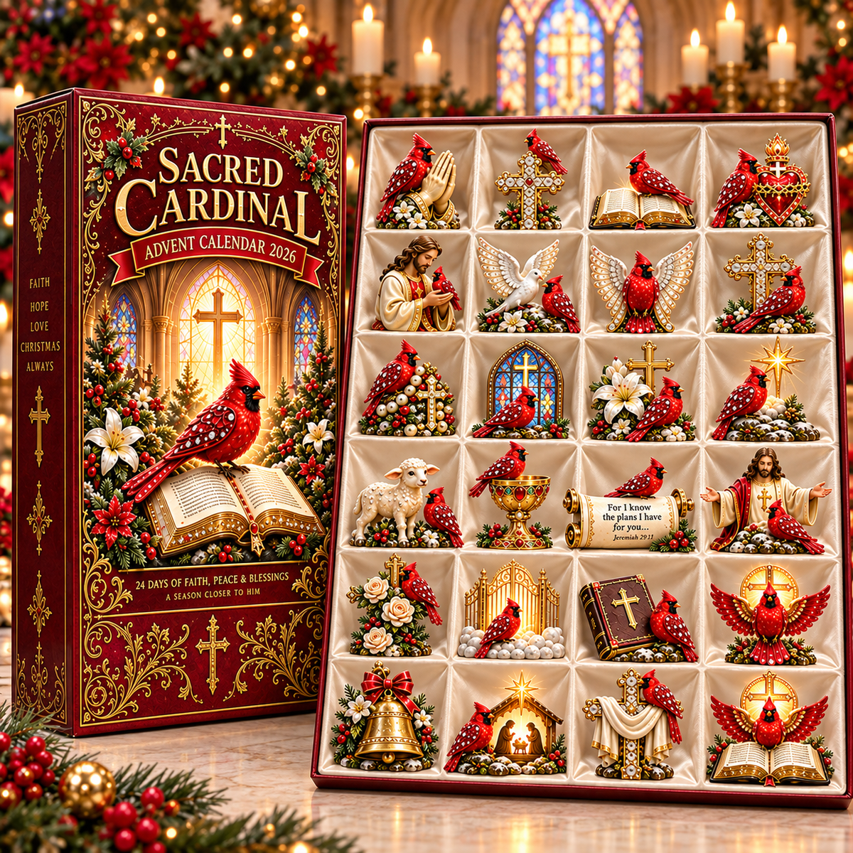 2026 Cardinal Jesus Cross 24-Day Advent Calendar – Faith-Inspired Christmas Countdown with 24 Collectible Miniatures