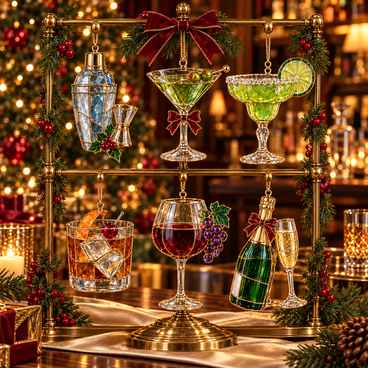 ✨ 2026 Vintage Stained Glass Cocktail & Wine Christmas Ornaments – Set of 6 | Martini, Margarita, Whiskey, Red Wine & Champagne Hanging Decorations | Christmas Tree Ornaments & Unique Holiday Gifts for Cocktail Lovers