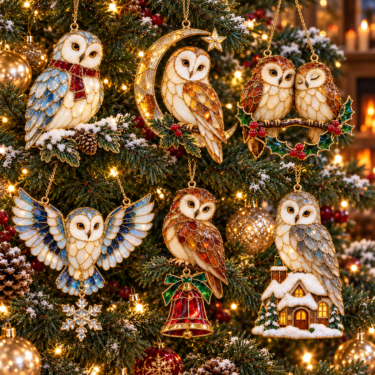 Woodland Christmas Owls – Vintage Stained Glass Style Christmas Ornaments, Set of 6