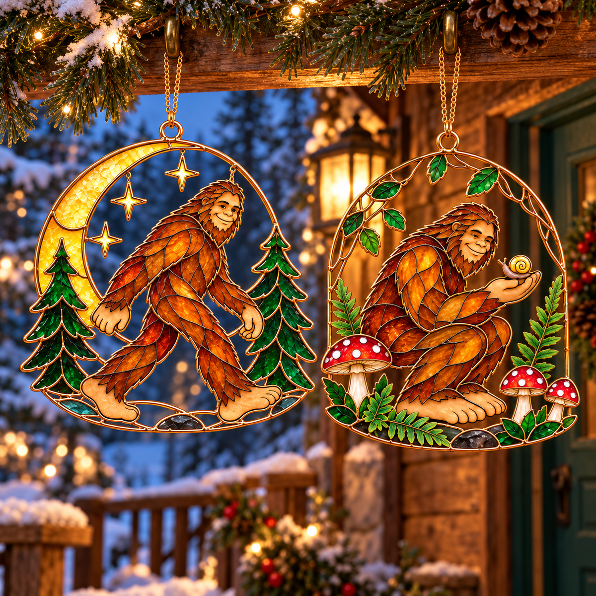 Woodland Wonders – Vintage Stained Glass Style Bigfoot Christmas Ornaments, Set of 6