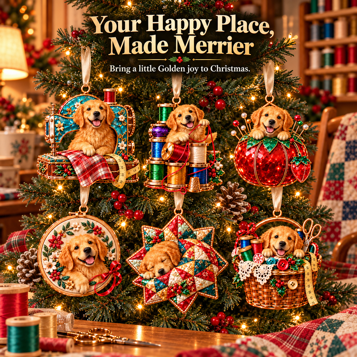 Golden Retriever Sewing-Themed Christmas Ornament