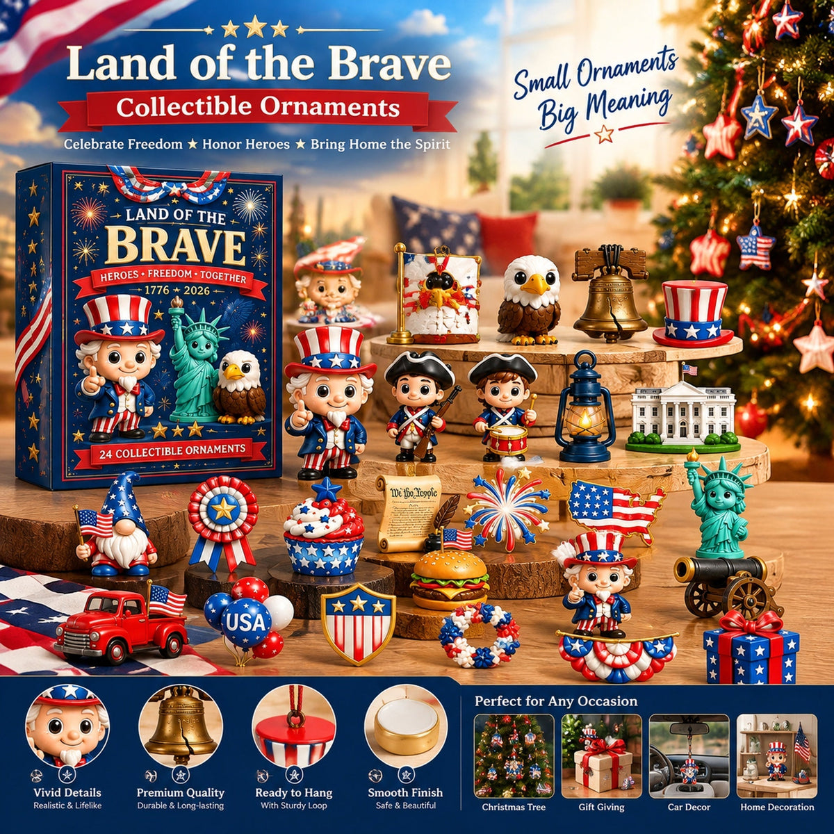 250 Years of American Spirit Acrylic Ornaments Advent Calendar, 24Pcs Patriotic Hanging Decor Gift Box