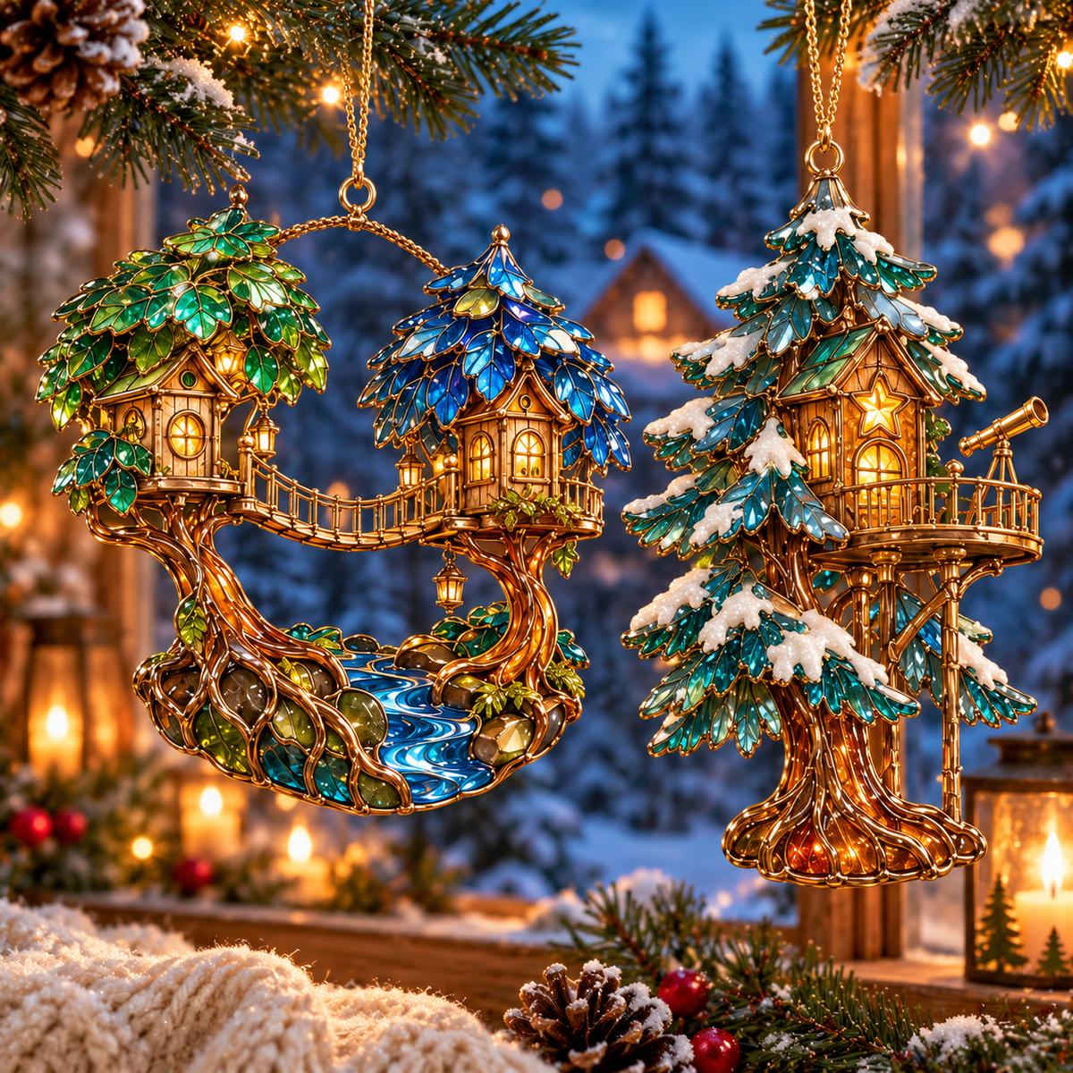 ✨ 2026 Enchanted Stained Glass Treehouse Christmas Ornaments – Set of 6 | Fairy Tree Houses, Autumn Maple, Acorn Cottage & Moonlight Willow Hanging Decorations | Magical Christmas Tree Ornaments & Fairy Garden Gifts