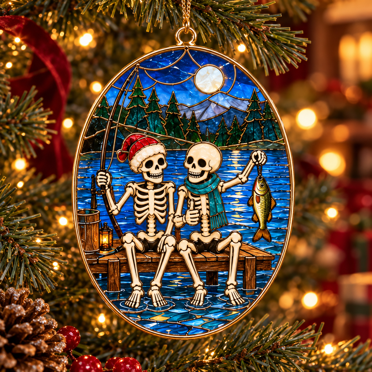 Friends for Eternity – Vintage Stained Glass Style Skeleton Christmas Ornaments, Set of 6