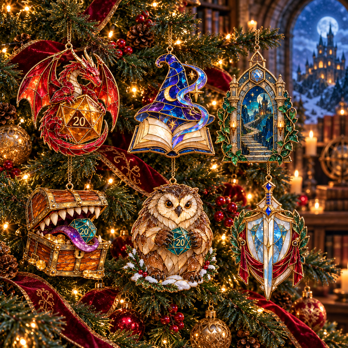 Enchanted Realms – 6-Piece Vintage Stained Glass-Style Fantasy Christmas Ornament Set