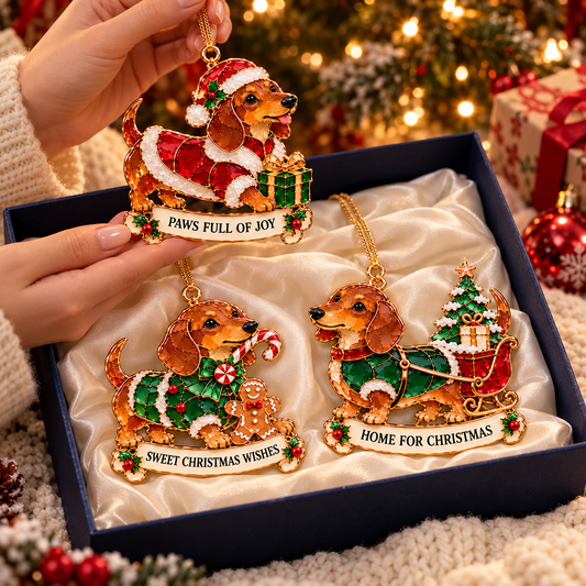 🐾🎄 Dachshund Christmas Ornaments Set of 6 - Stained Glass Style