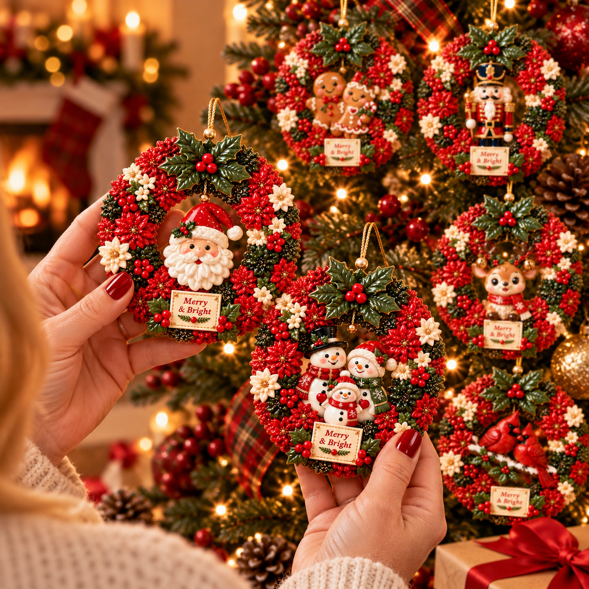 Merry & Bright Christmas Wreath Ornament Collection – 6-Piece Santa, Snowman, Gingerbread, Nutcracker, Reindeer & Cardinal Christmas Tree Decorations | Festive Holiday Keepsake Gifts