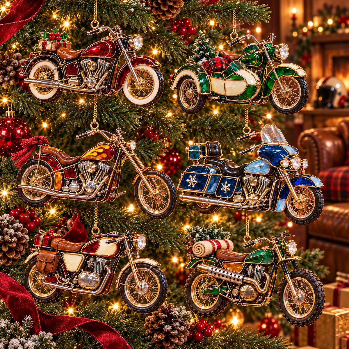 ✨ 2026 Vintage Stained Glass Motorcycle Christmas Ornaments – Set of 6 | Retro Cruiser, Sidecar, Chopper & Adventure Motorbike Hanging Decorations | Christmas Tree Ornaments & Biker Gifts