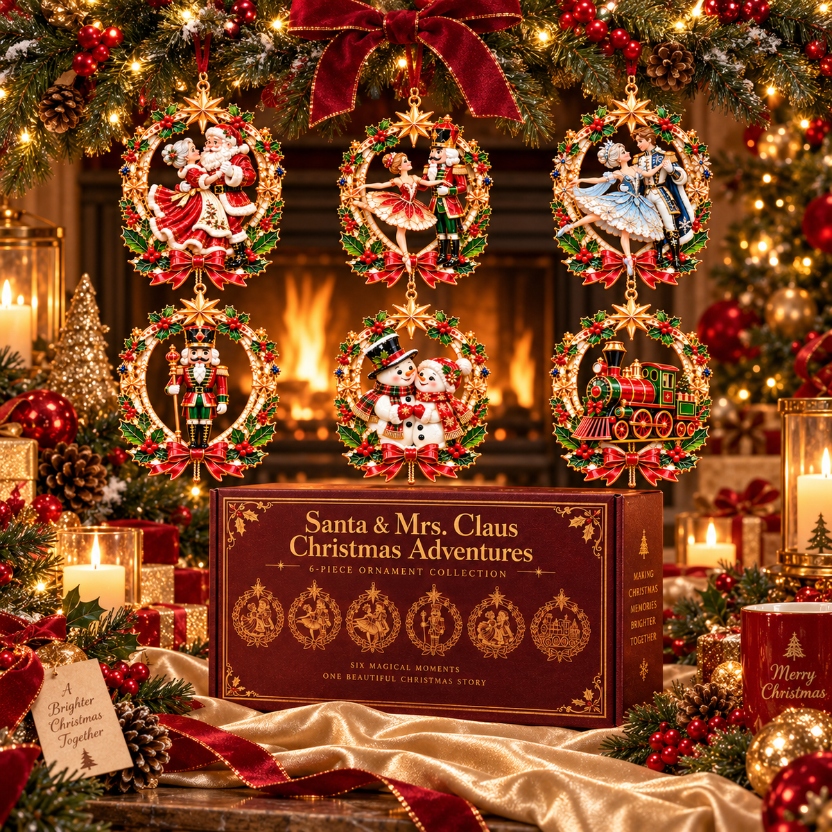 Santa & Mrs. Claus Christmas Adventures – 6-Piece Vintage Christmas Tree Ornament Collection | Nutcracker, Snowman & Holiday Train | A Heartwarming Christmas Keepsake Gift