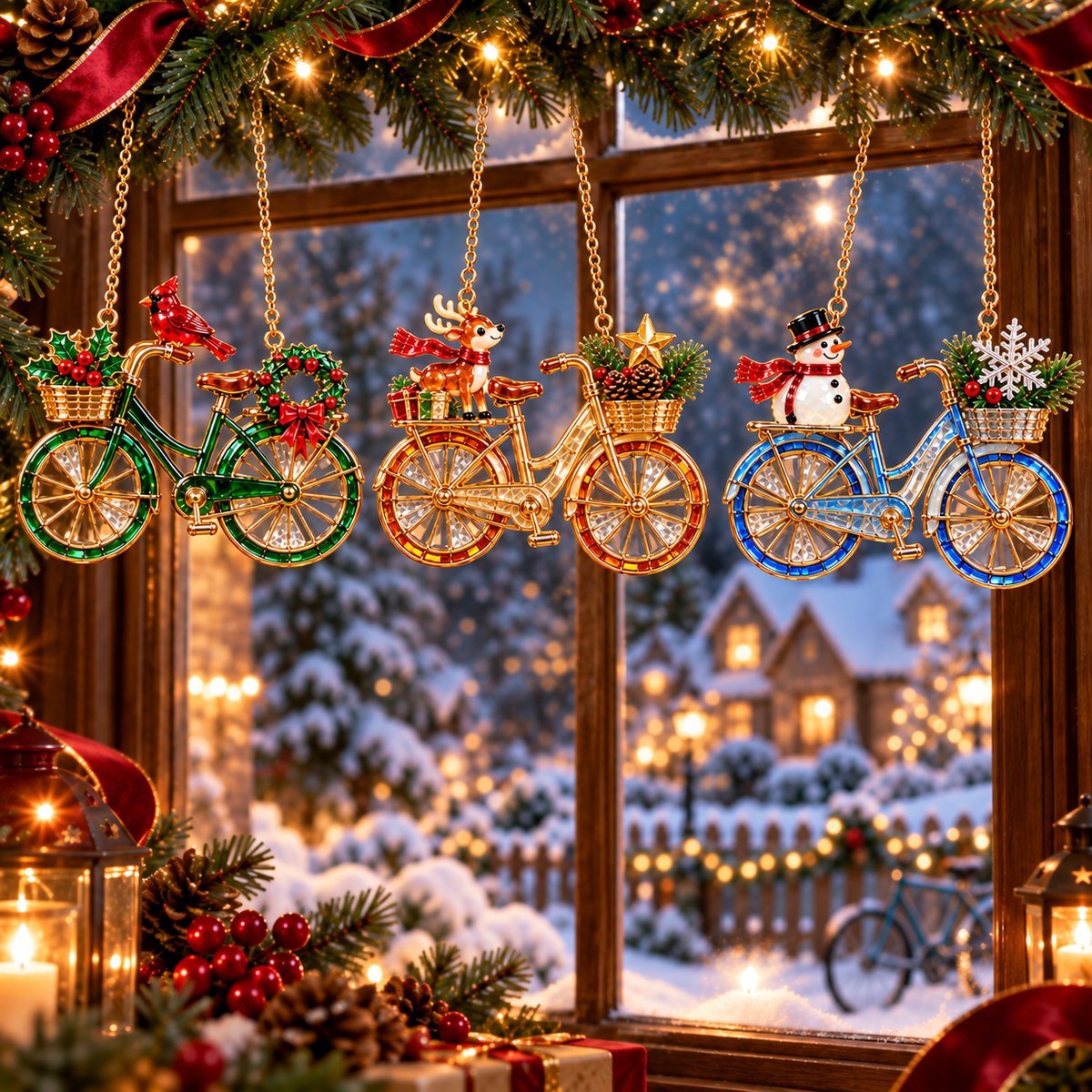 🎄 2026 Vintage Stained Glass Christmas Bicycle Ornaments – Set of 6