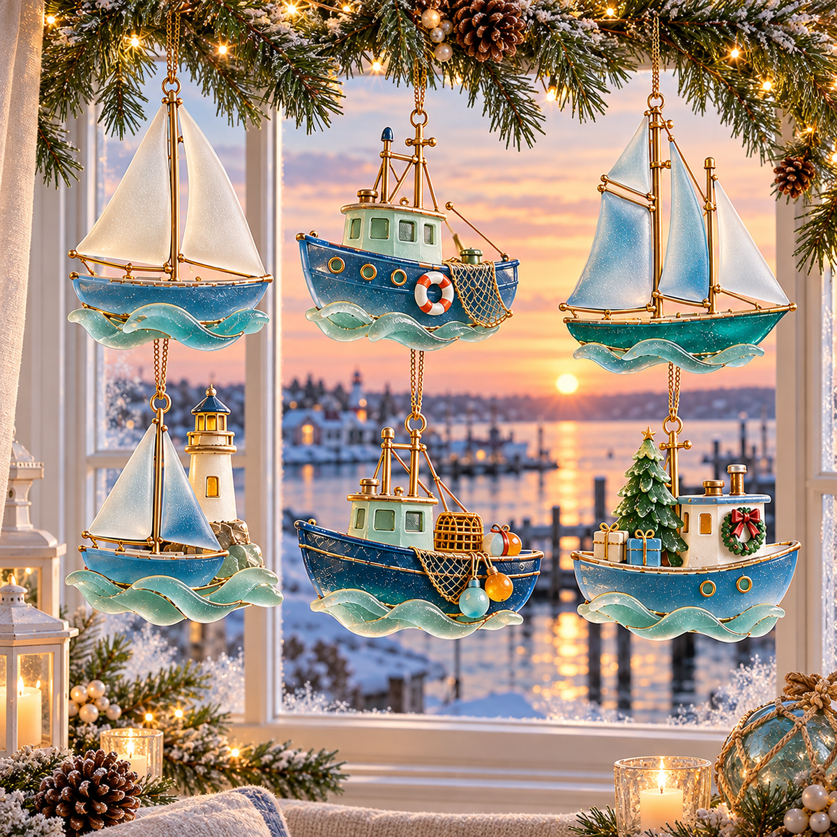 🌊 2026 Coastal Christmas Boat Ornaments – Set of 6 Nautical Holiday Keepsakes