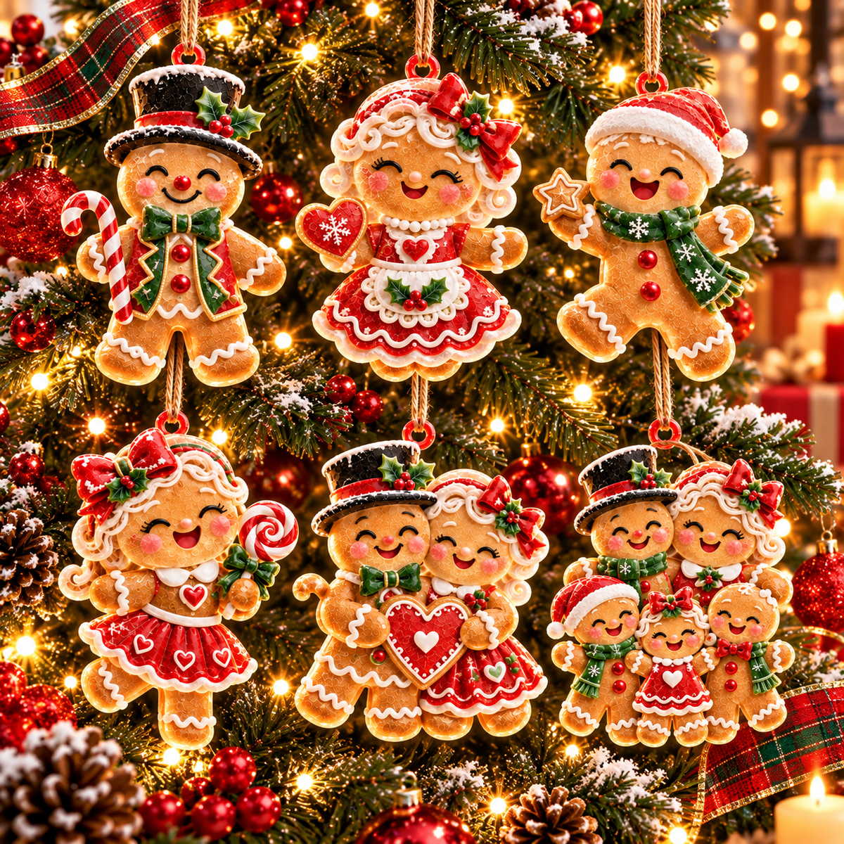 6-Piece Gingerbread Christmas Ornament Collection – Adorable Gingerbread Family, Couple & Holiday Characters | Festive Christmas Tree Hanging Decorations, Sweet Family Keepsake Gifts