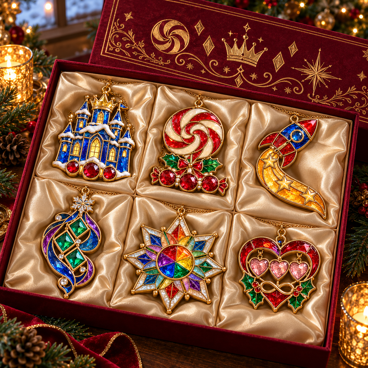 ✨ 2026 Magical Stained Glass Christmas Ornaments – Set of 6 | Crystal Castle, Candy, Rocket, Rainbow Star & Heart Hanging Decorations | Colorful Christmas Tree Ornaments & Holiday Gifts