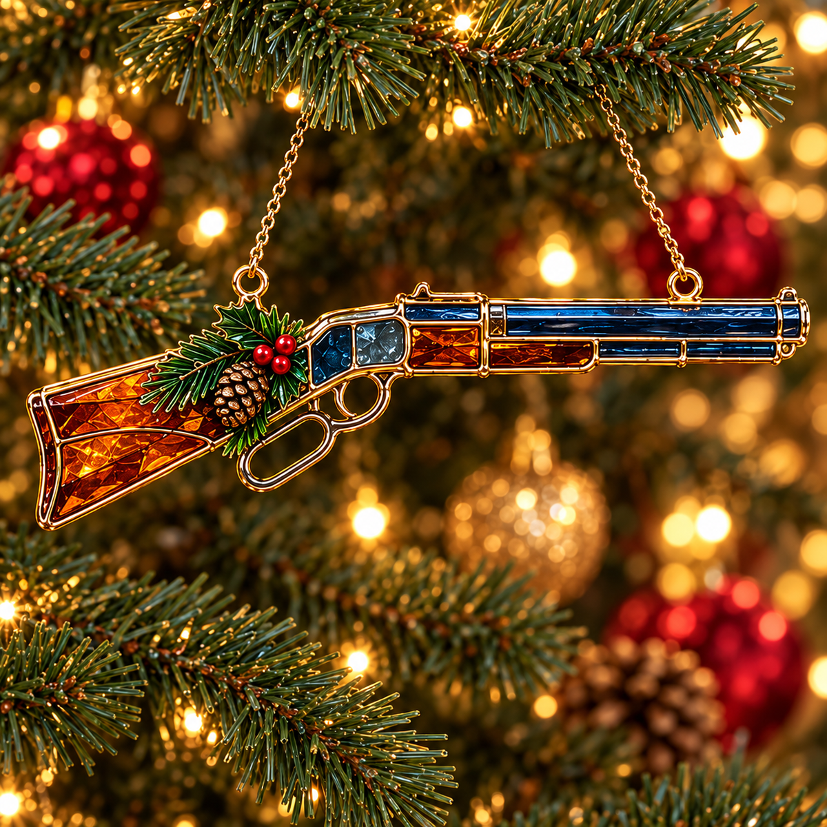 ✨ 2026 Vintage Stained Glass Firearms Christmas Ornaments – Set of 6 | Western Revolver, Cowboy Rifle, Shotgun & Pistol Hanging Decorations | Christmas Tree Ornaments & Unique Holiday Gifts for Gun Enthusiasts