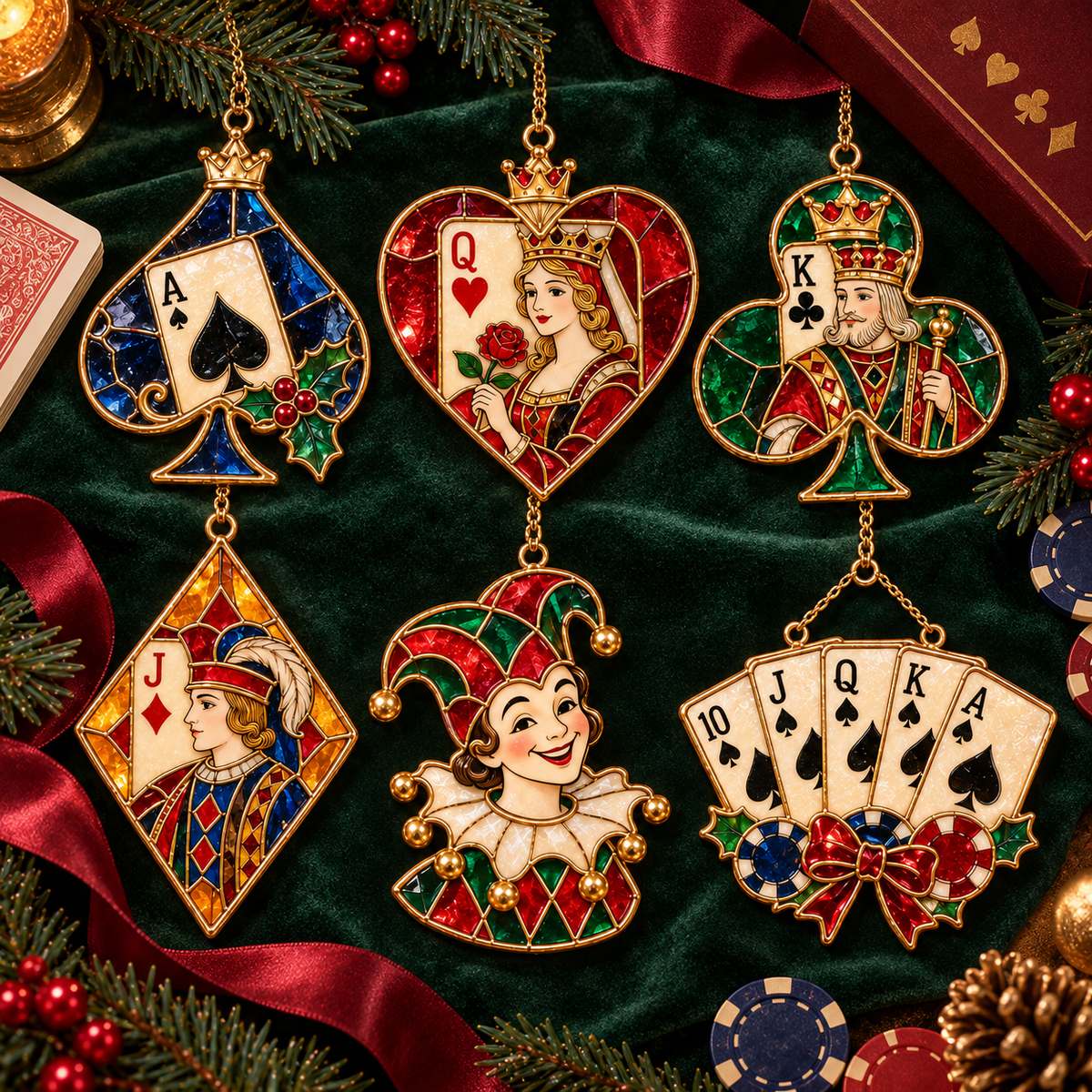 ✨ 2026 Vintage Stained Glass Playing Card Christmas Ornaments – Set of 6 | Poker Ace, Queen, King, Jack & Joker Hanging Decorations | Casino & Card Game Christmas Tree Ornaments | Unique Gifts for Poker Lovers