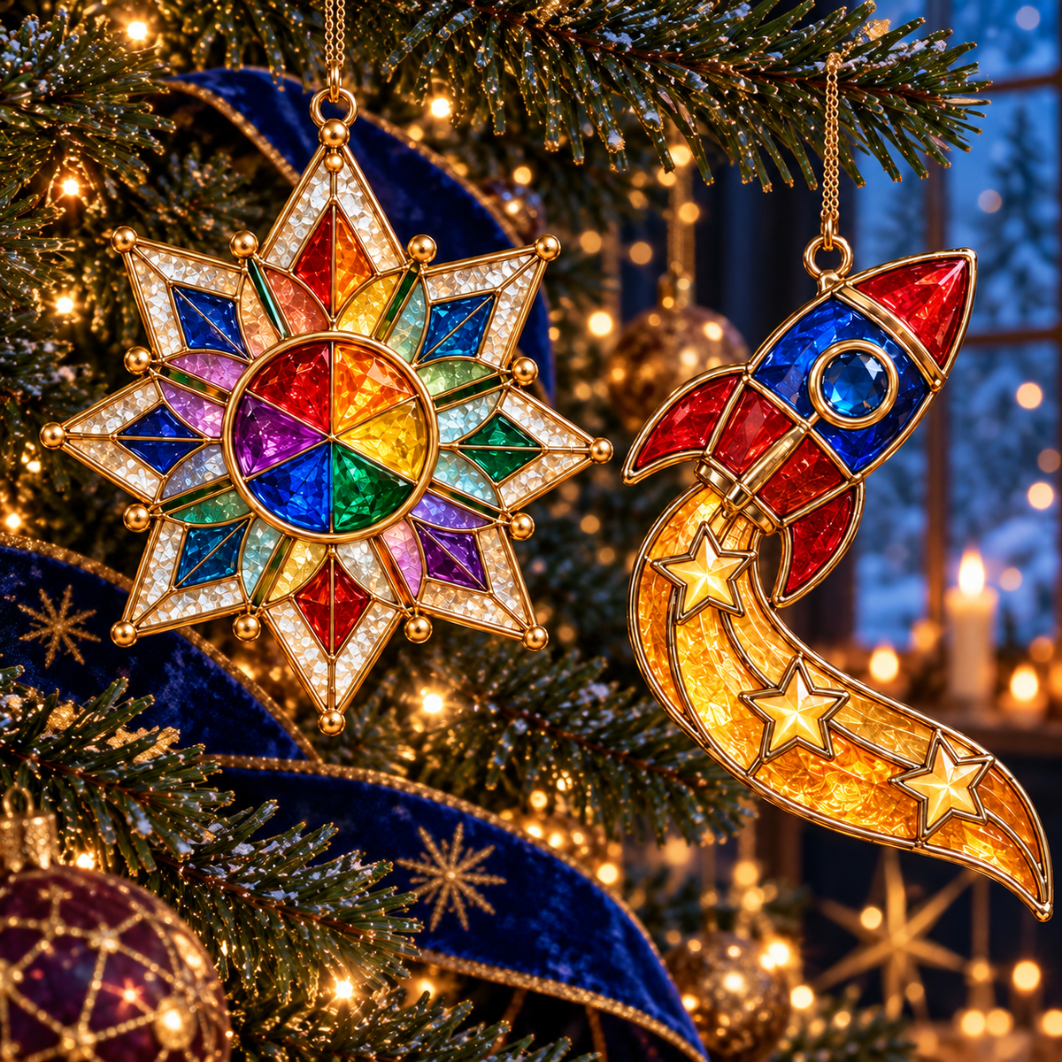 ✨ 2026 Magical Stained Glass Christmas Ornaments – Set of 6 | Crystal Castle, Candy, Rocket, Rainbow Star & Heart Hanging Decorations | Colorful Christmas Tree Ornaments & Holiday Gifts