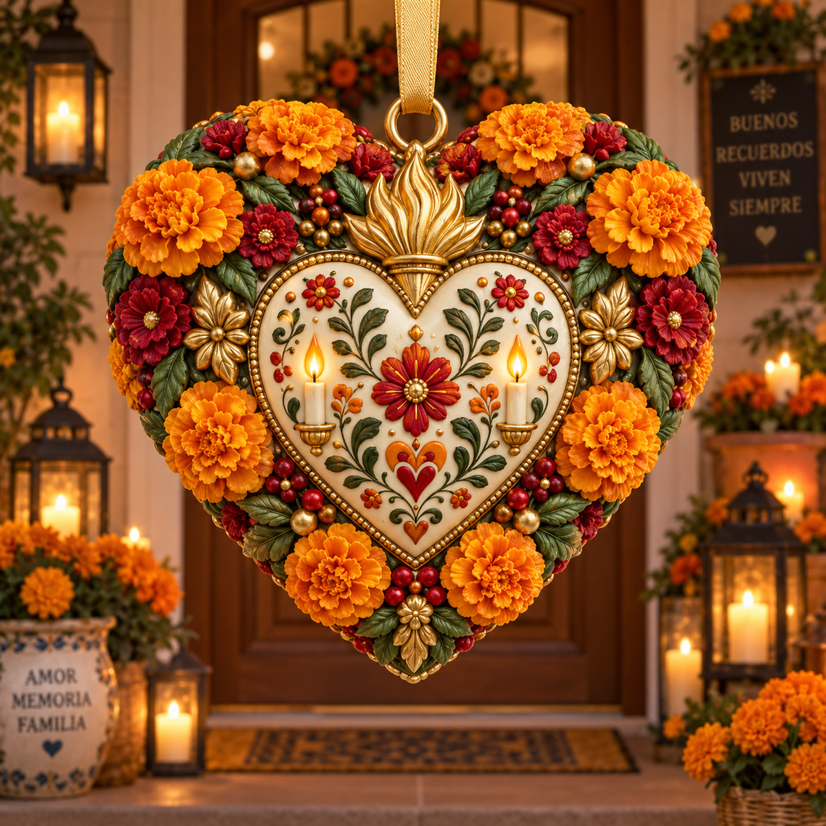 Día de Muertos Marigold Heart Ornament – Floral Hanging Keepsake Collection, Meaningful Day of the Dead Gift for Family & Loved Ones