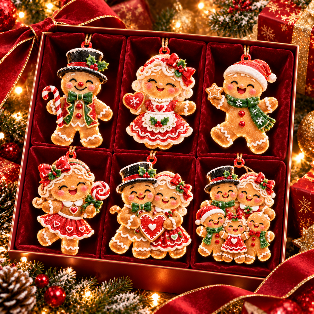 6-Piece Gingerbread Christmas Ornament Collection – Adorable Gingerbread Family, Couple & Holiday Characters | Festive Christmas Tree Hanging Decorations, Sweet Family Keepsake Gifts