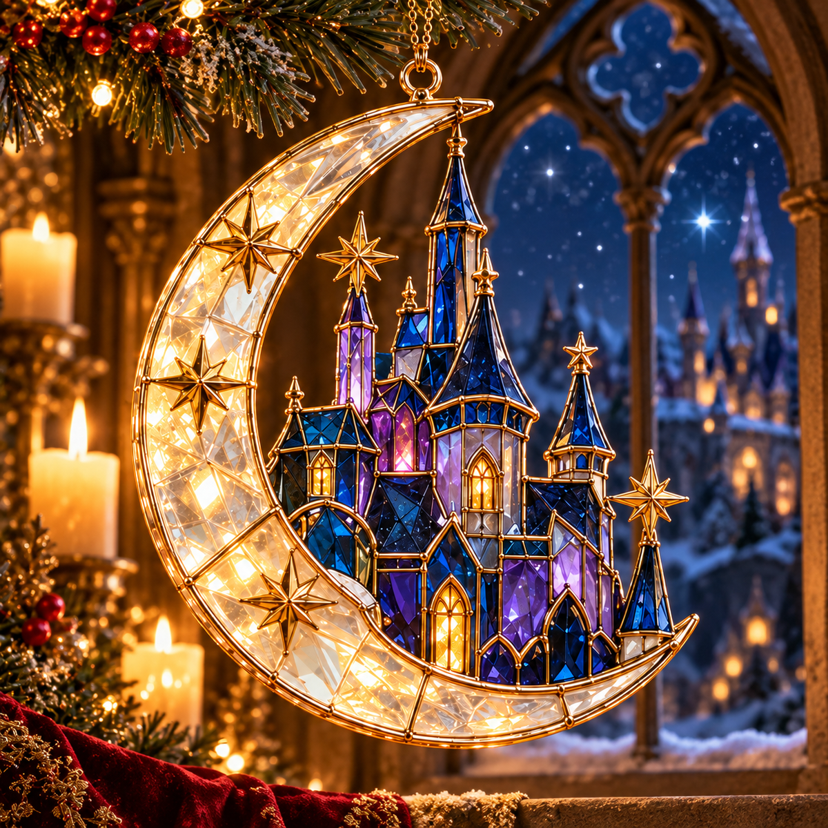 ✨ 2026 Magical Stained Glass Christmas Ornaments – Set of 6 | Crystal Castle, Candy, Rocket, Rainbow Star & Heart Hanging Decorations | Colorful Christmas Tree Ornaments & Holiday Gifts