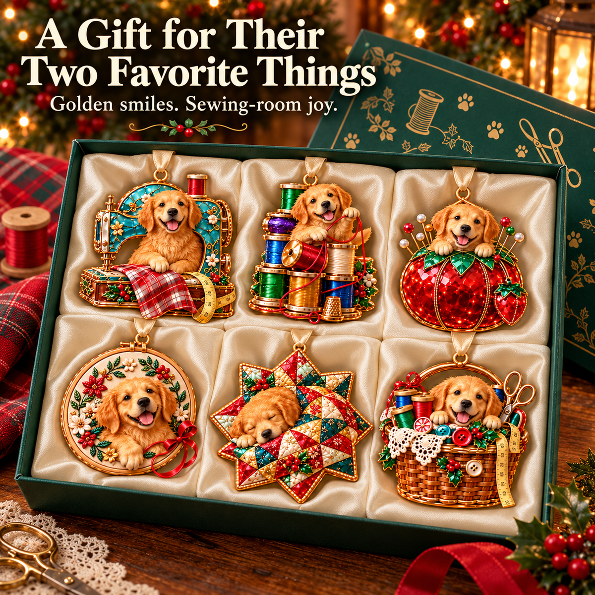 Golden Retriever Sewing-Themed Christmas Ornament