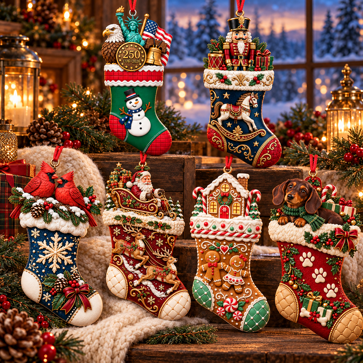 2026 Christmas Storybook Stocking Ornaments – 6-Piece Vintage Holiday Collection
