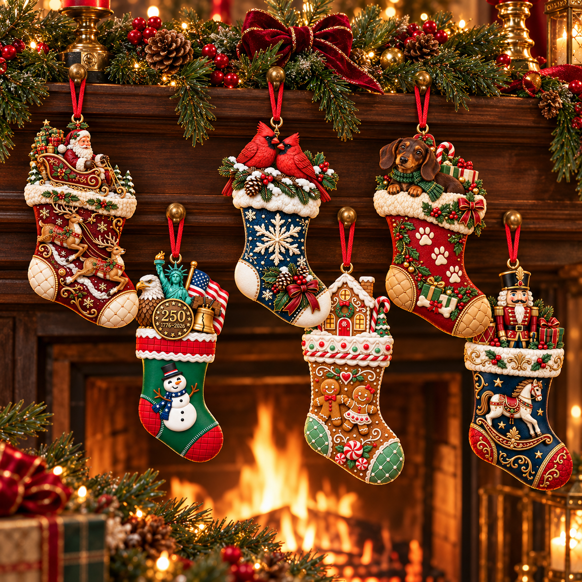 2026 Christmas Storybook Stocking Ornaments – 6-Piece Vintage Holiday Collection