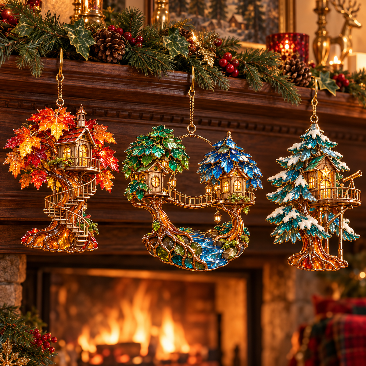 ✨ 2026 Enchanted Stained Glass Treehouse Christmas Ornaments – Set of 6 | Fairy Tree Houses, Autumn Maple, Acorn Cottage & Moonlight Willow Hanging Decorations | Magical Christmas Tree Ornaments & Fairy Garden Gifts
