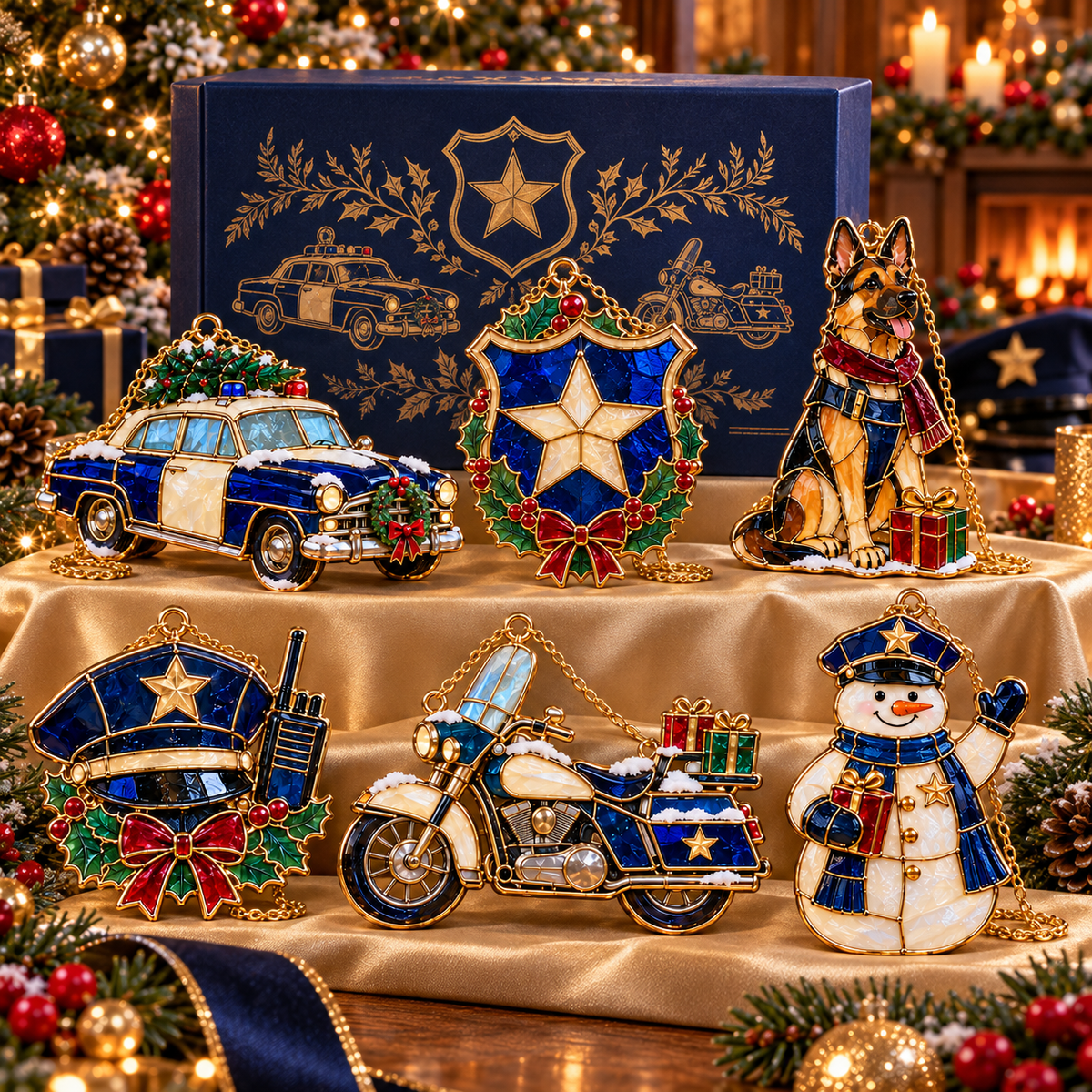 ✨ 2026 Police Christmas Ornaments – Set of 6 | Vintage Stained Glass Police Car, K9 Dog, Motorcycle & Badge Hanging Decorations | Law Enforcement Christmas Tree Ornaments & Gifts for Police Officers
