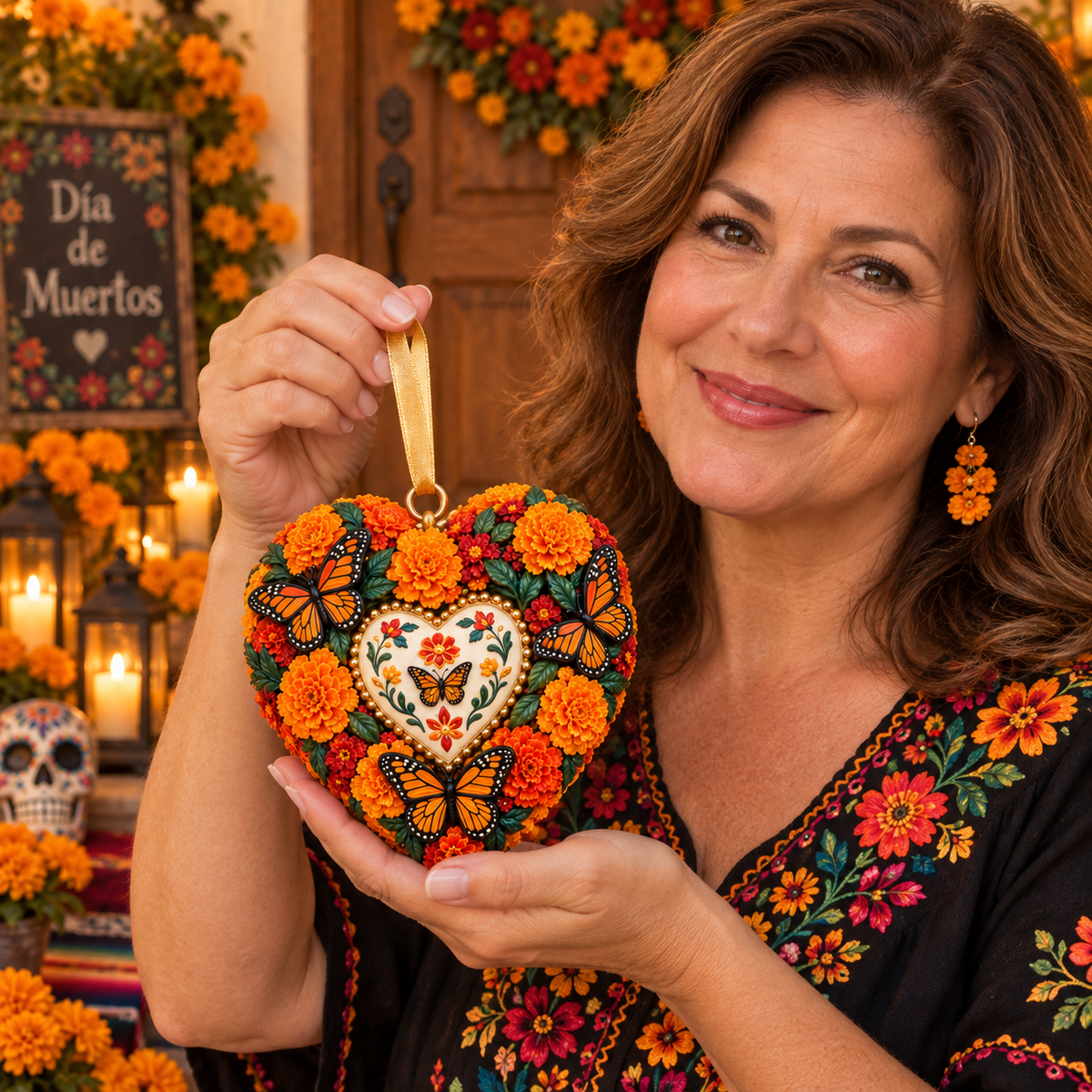 Día de Muertos Marigold Heart Ornament – Floral Hanging Keepsake Collection, Meaningful Day of the Dead Gift for Family & Loved Ones