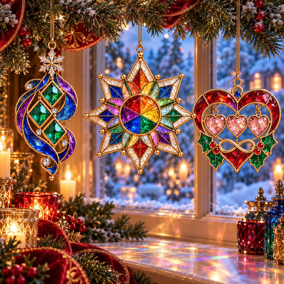 ✨ 2026 Magical Stained Glass Christmas Ornaments – Set of 6 | Crystal Castle, Candy, Rocket, Rainbow Star & Heart Hanging Decorations | Colorful Christmas Tree Ornaments & Holiday Gifts