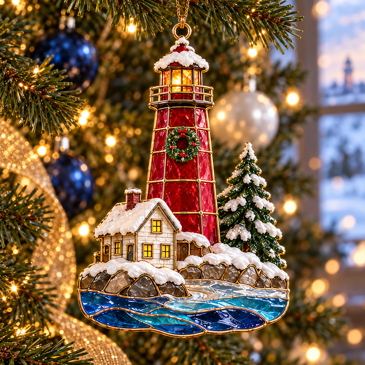 Coastal Lighthouse Christmas Ornaments – Vintage Stained Glass Style, Set of 6