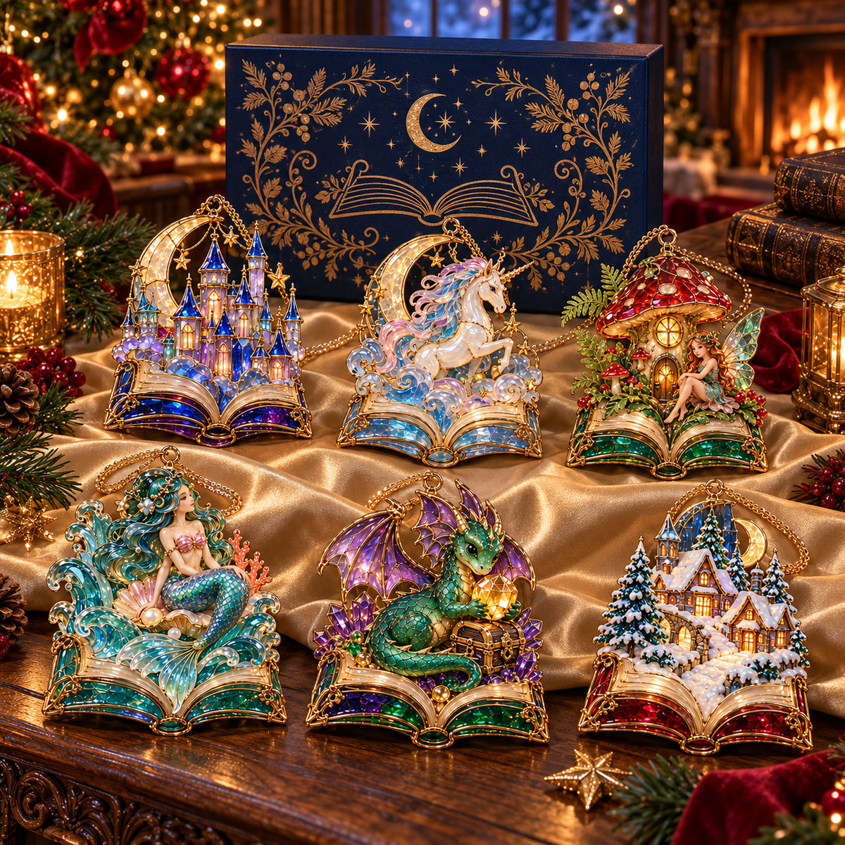 🎄 2026 Enchanted Storybook Christmas Ornaments – Set of 6 | Stained Glass Fairy Tale Castle, Unicorn, Fairy, Mermaid, Dragon & Snowy Village Hanging Decorations | Magical Christmas Tree Ornaments & Fantasy Lover Gifts