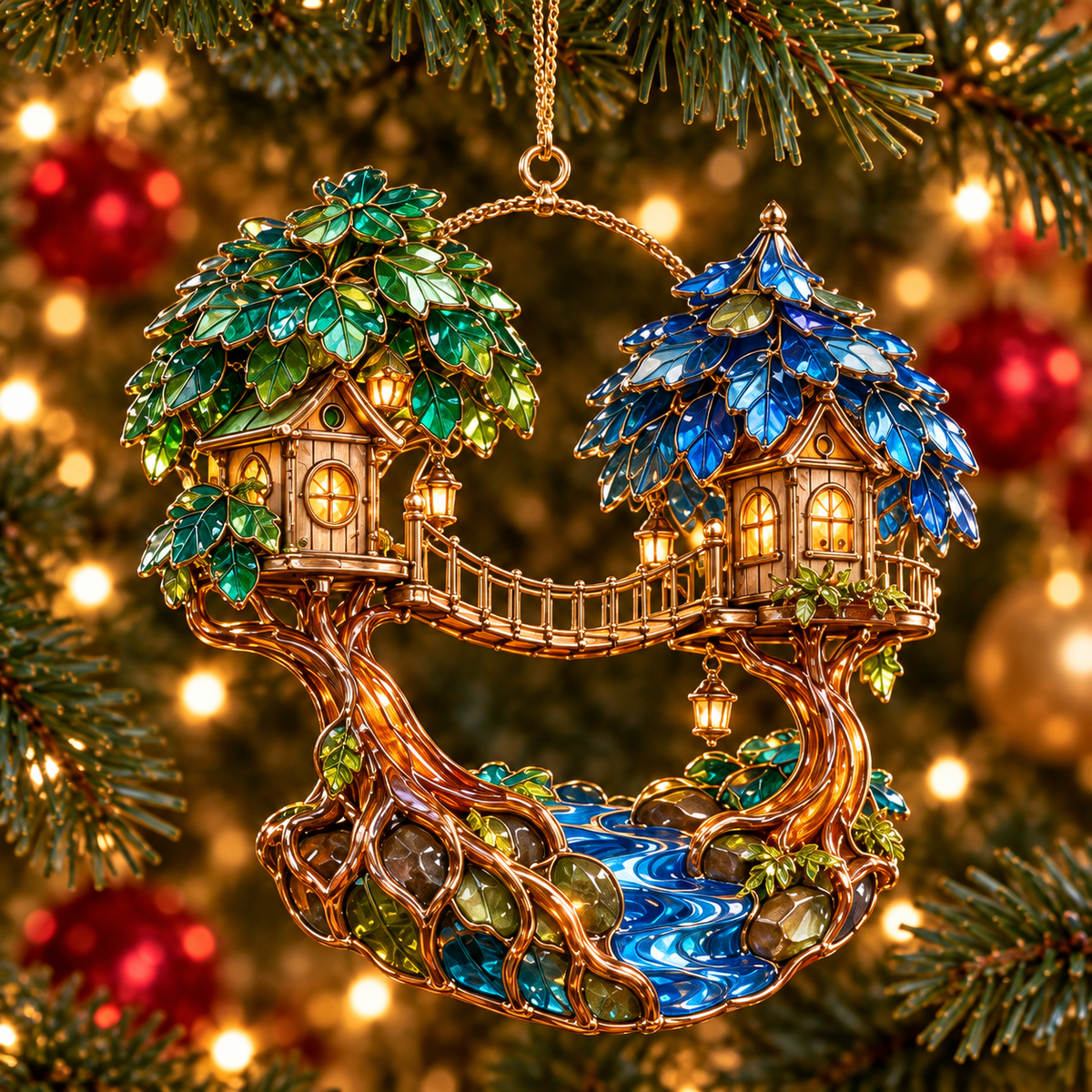 ✨ 2026 Enchanted Stained Glass Treehouse Christmas Ornaments – Set of 6 | Fairy Tree Houses, Autumn Maple, Acorn Cottage & Moonlight Willow Hanging Decorations | Magical Christmas Tree Ornaments & Fairy Garden Gifts