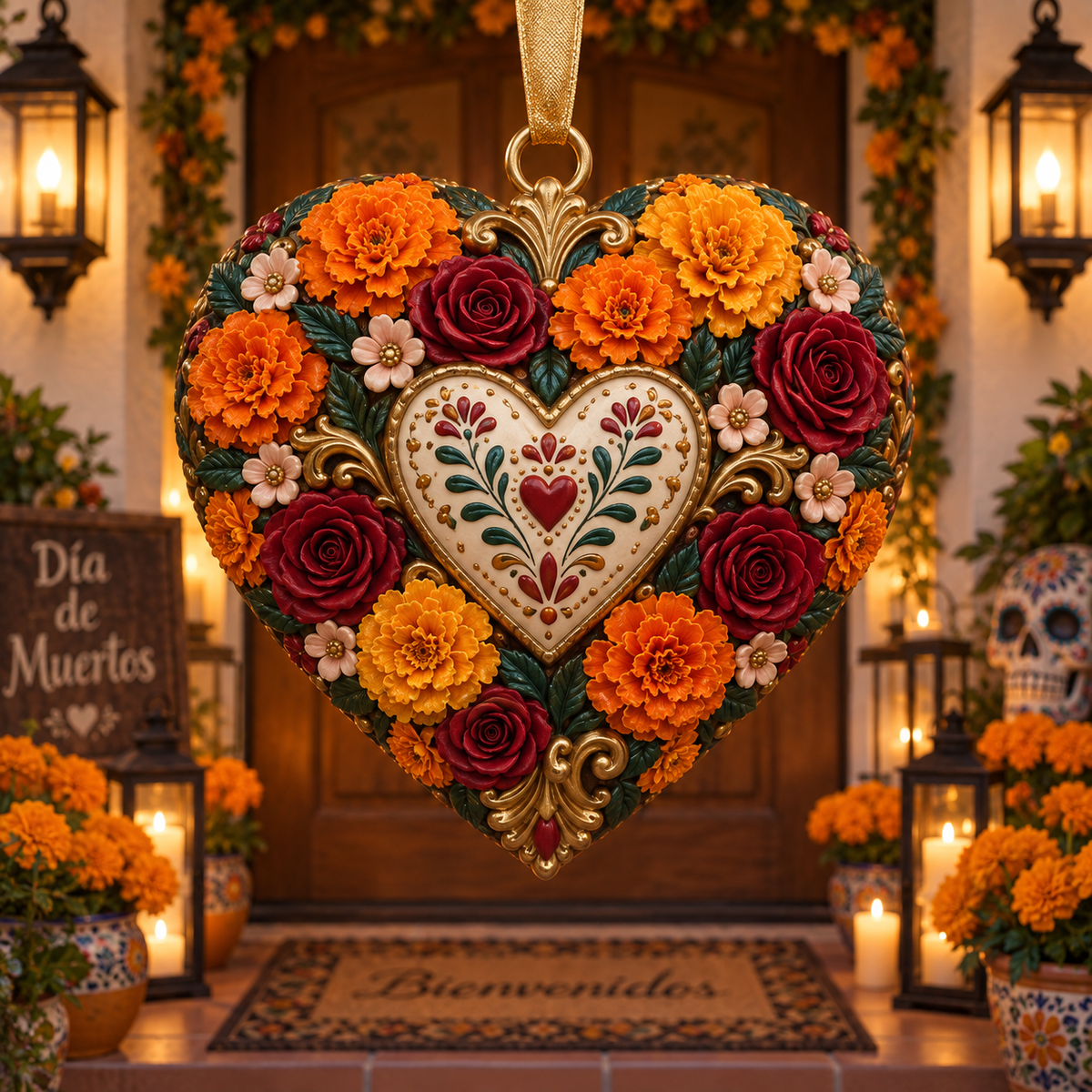 Día de Muertos Marigold Heart Ornament – Floral Hanging Keepsake Collection, Meaningful Day of the Dead Gift for Family & Loved Ones
