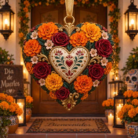 Día de Muertos Marigold Heart Ornament – Floral Hanging Keepsake Collection, Meaningful Day of the Dead Gift for Family & Loved Ones