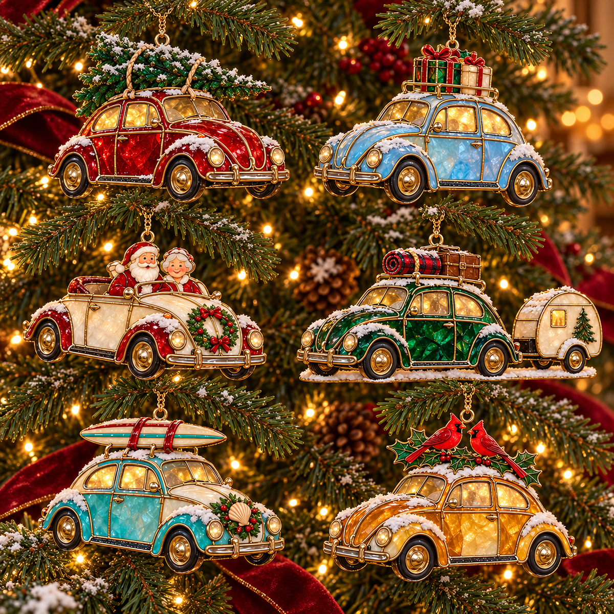 Vintage Christmas Rides – 6-Piece Stained-Glass Style Car Ornament Set