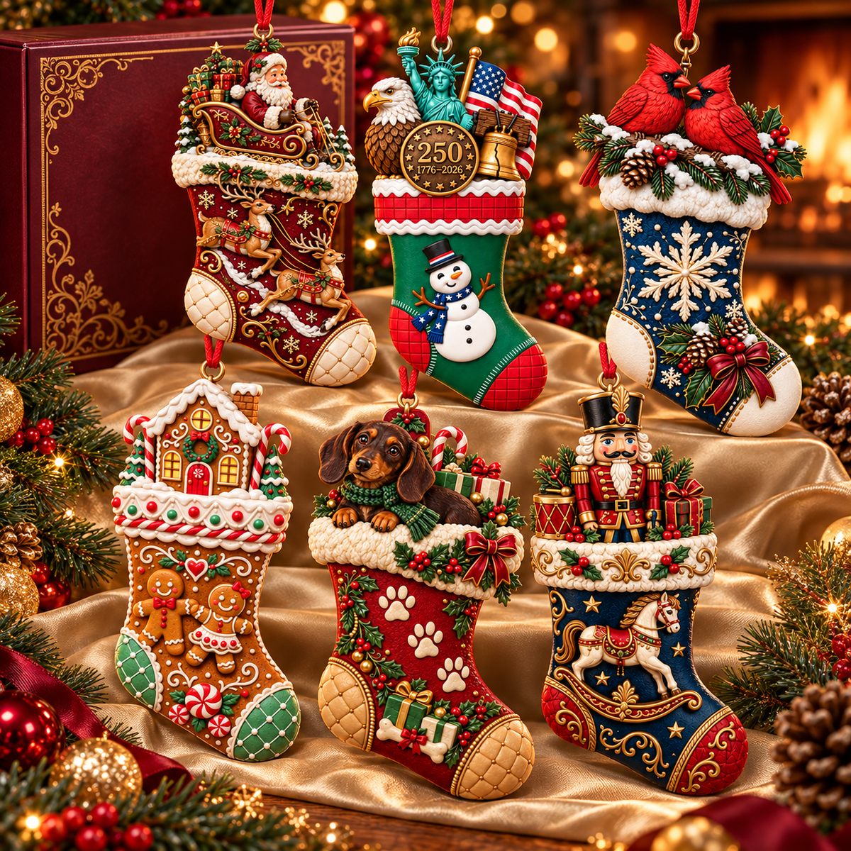 2026 Christmas Storybook Stocking Ornaments – 6-Piece Vintage Holiday Collection