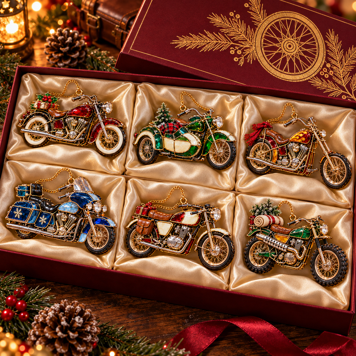 ✨ 2026 Vintage Stained Glass Motorcycle Christmas Ornaments – Set of 6 | Retro Cruiser, Sidecar, Chopper & Adventure Motorbike Hanging Decorations | Christmas Tree Ornaments & Biker Gifts