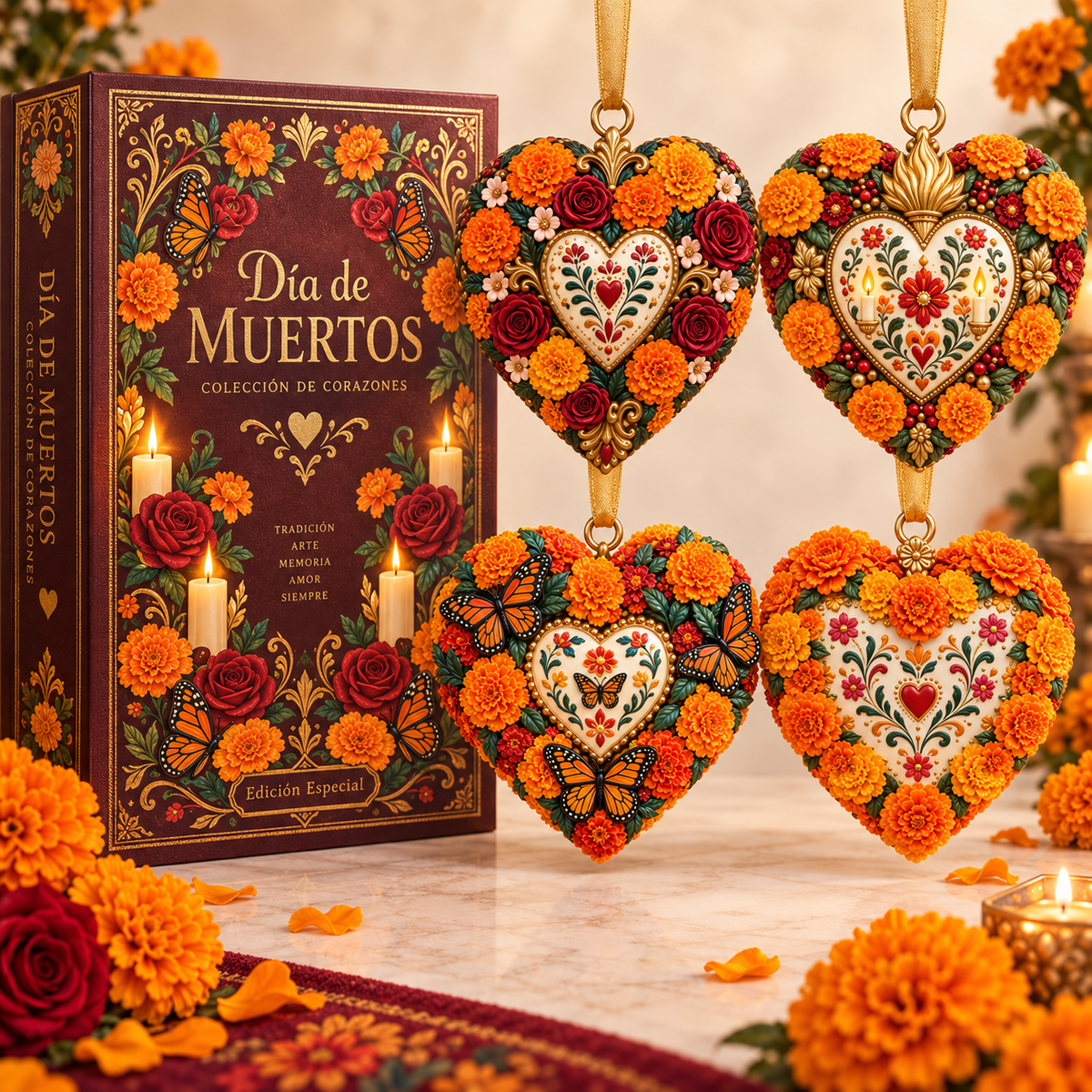 Día de Muertos Marigold Heart Ornament – Floral Hanging Keepsake Collection, Meaningful Day of the Dead Gift for Family & Loved Ones