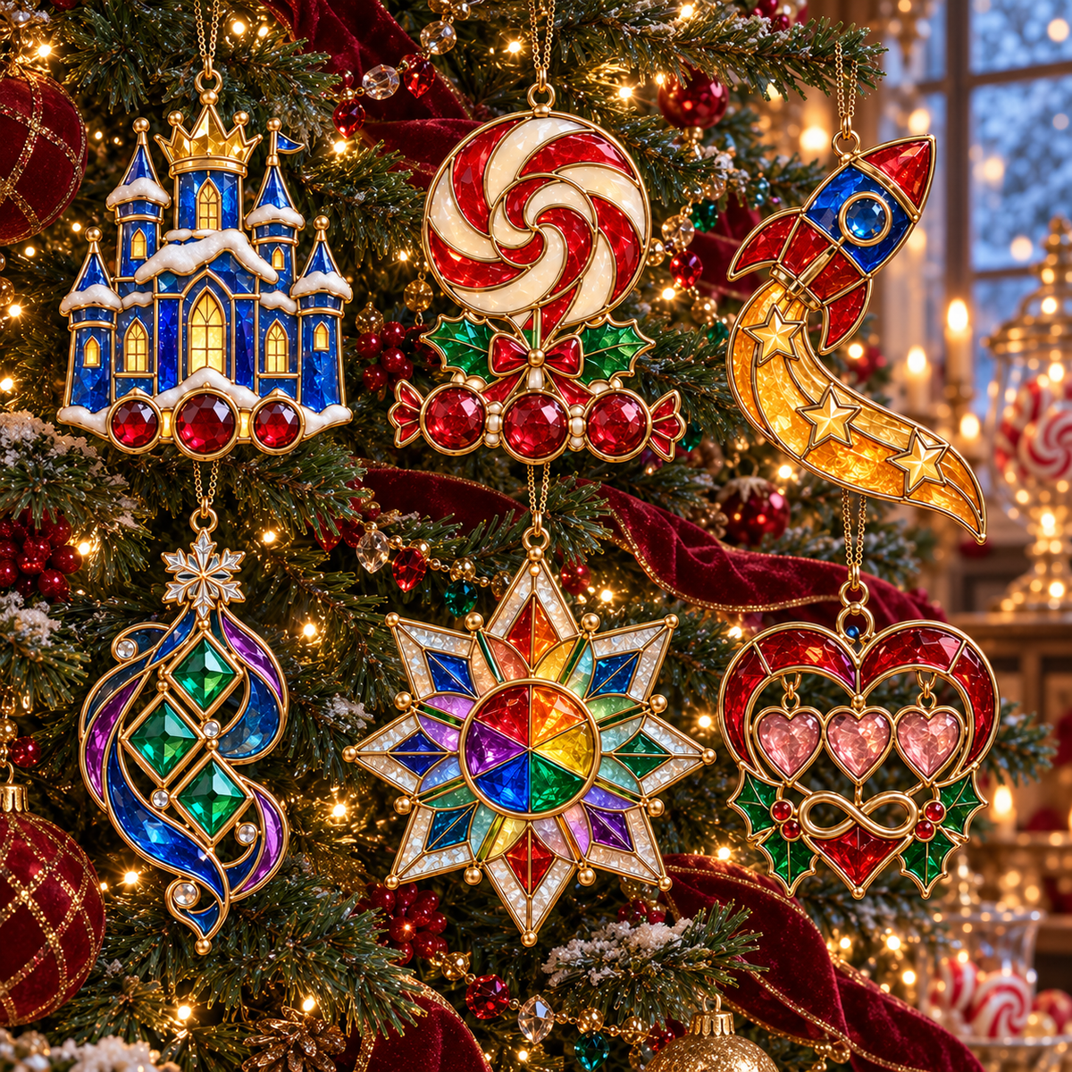 ✨ 2026 Magical Stained Glass Christmas Ornaments – Set of 6 | Crystal Castle, Candy, Rocket, Rainbow Star & Heart Hanging Decorations | Colorful Christmas Tree Ornaments & Holiday Gifts