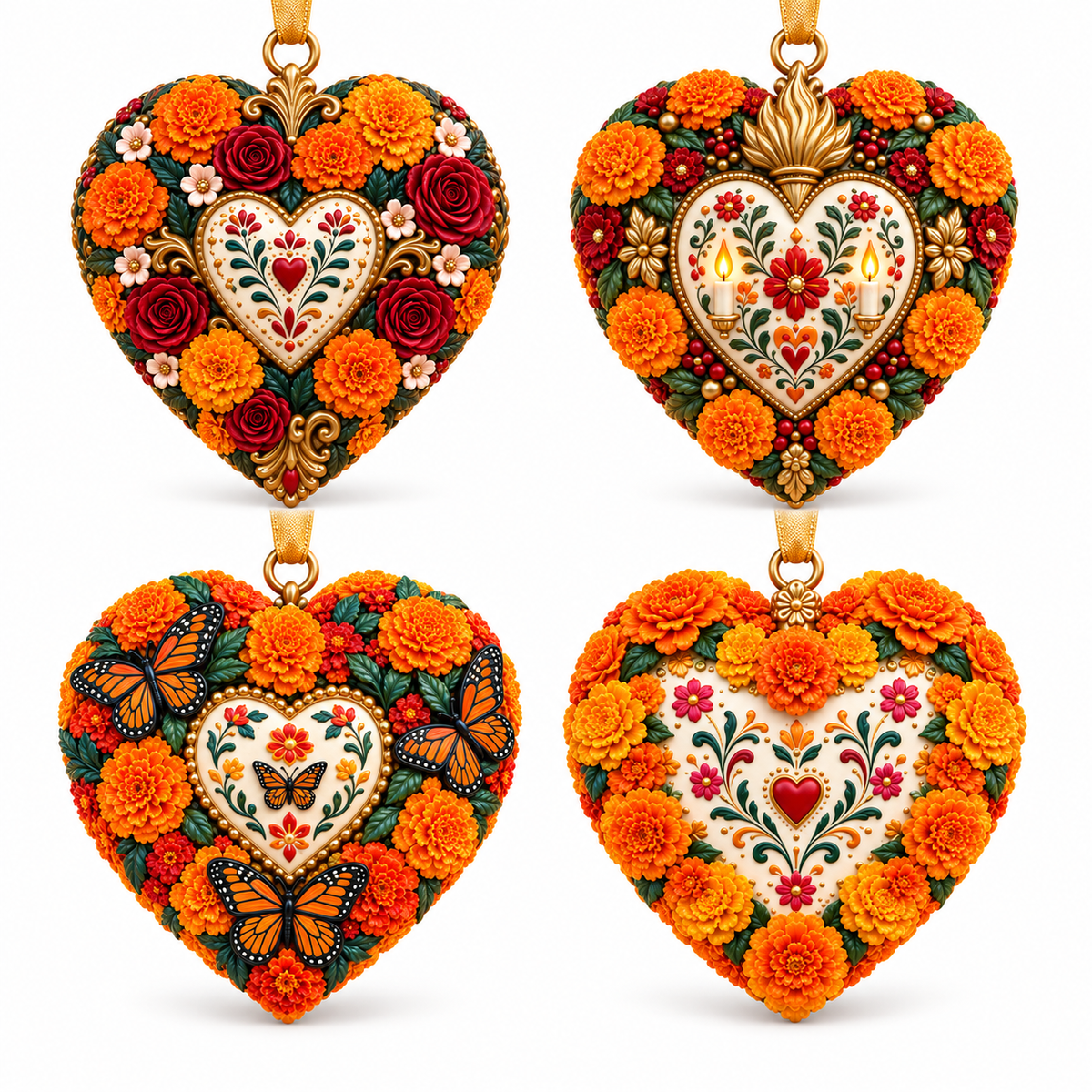 Día de Muertos Marigold Heart Ornament – Floral Hanging Keepsake Collection, Meaningful Day of the Dead Gift for Family & Loved Ones