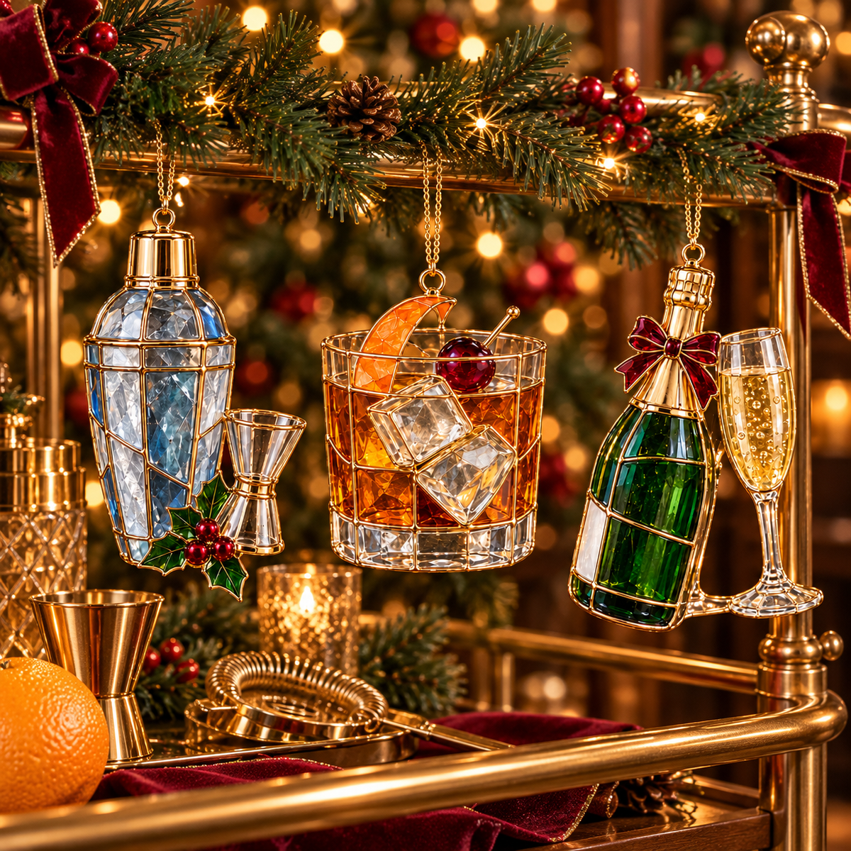 ✨ 2026 Vintage Stained Glass Cocktail & Wine Christmas Ornaments – Set of 6 | Martini, Margarita, Whiskey, Red Wine & Champagne Hanging Decorations | Christmas Tree Ornaments & Unique Holiday Gifts for Cocktail Lovers