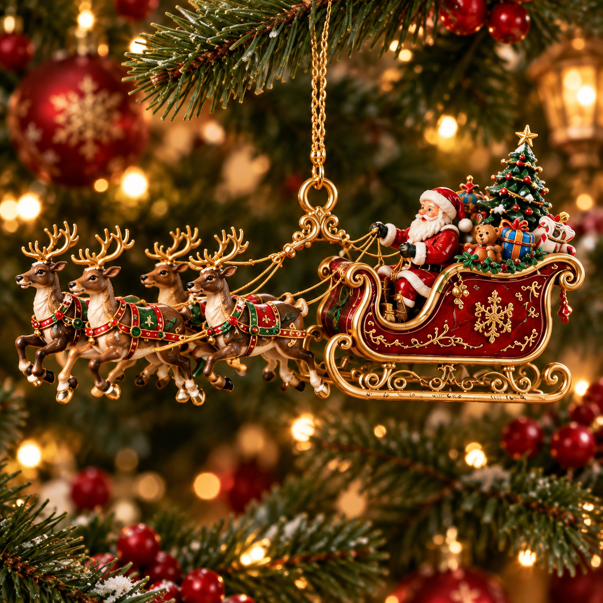 Santa’s Magical Christmas Journey – 6-Piece Vintage Reindeer Sleigh & Carriage Ornament Collection | Christmas Tree Decorations & Holiday Gifts