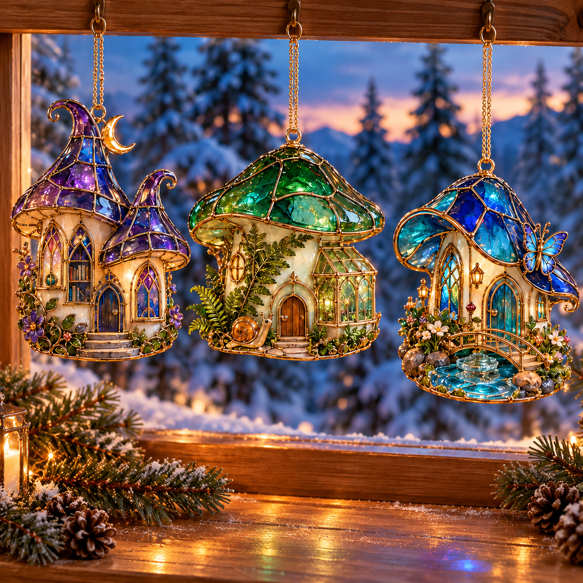 ✨ 2026 Enchanted Stained Glass Mushroom House Christmas Ornaments – Set of 6 | Fairy Cottage, Magical Forest, Moonlight Mushroom & Butterfly House Hanging Decorations | Whimsical Christmas Tree Ornaments & Fairy Garden Gifts