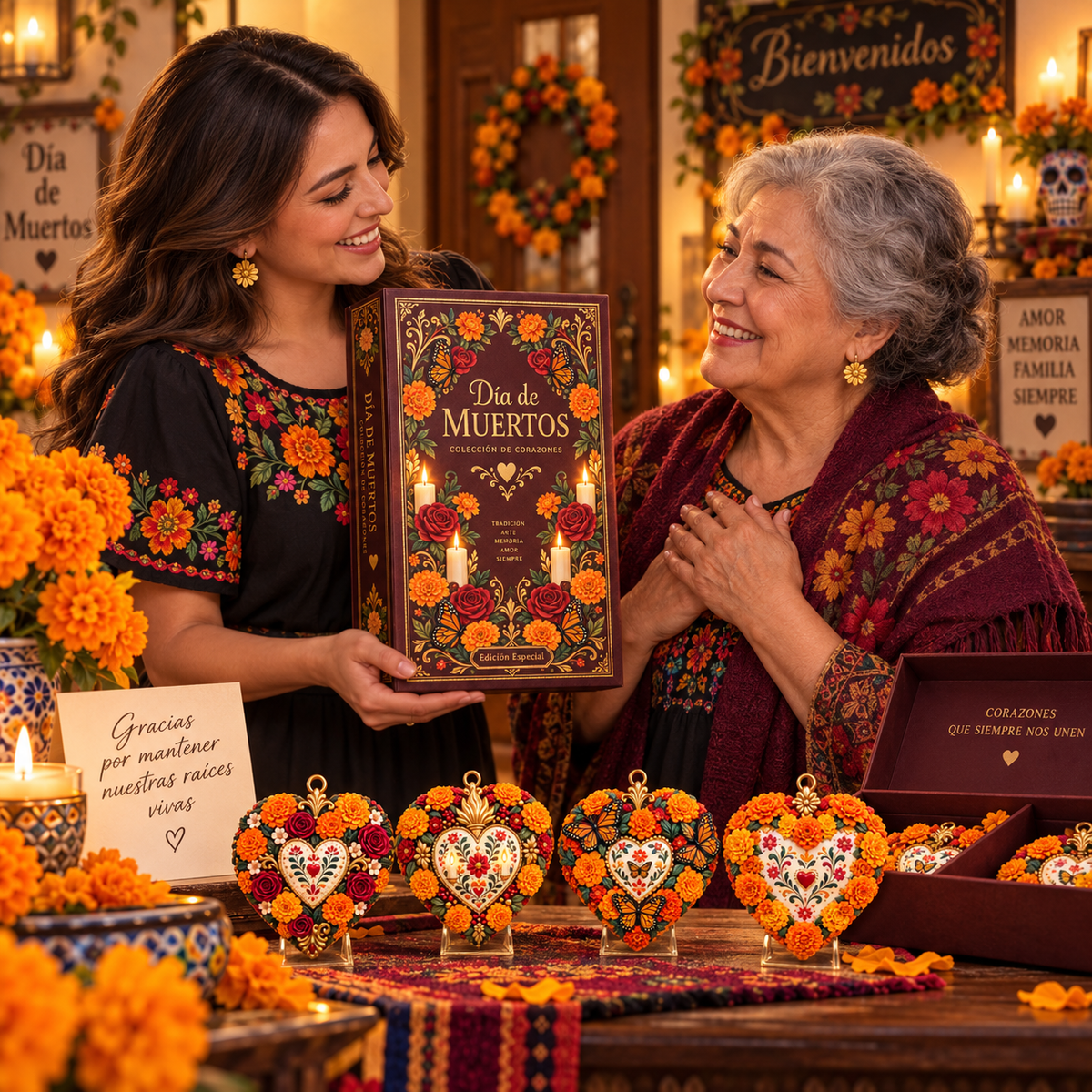 Día de Muertos Marigold Heart Ornament – Floral Hanging Keepsake Collection, Meaningful Day of the Dead Gift for Family & Loved Ones