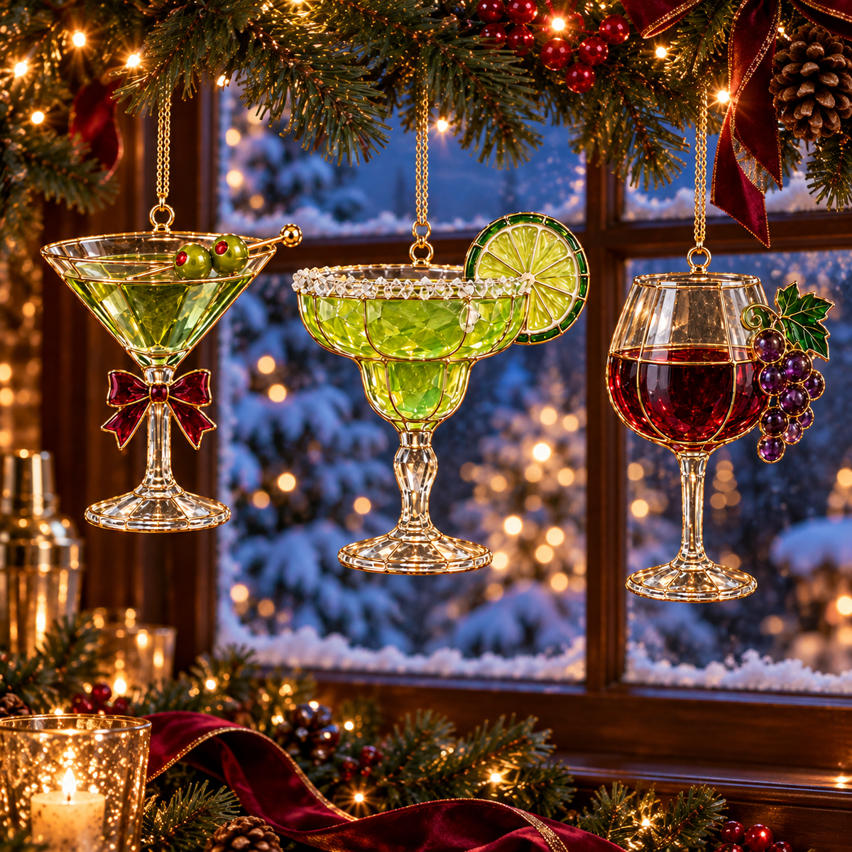 ✨ 2026 Vintage Stained Glass Cocktail & Wine Christmas Ornaments – Set of 6 | Martini, Margarita, Whiskey, Red Wine & Champagne Hanging Decorations | Christmas Tree Ornaments & Unique Holiday Gifts for Cocktail Lovers