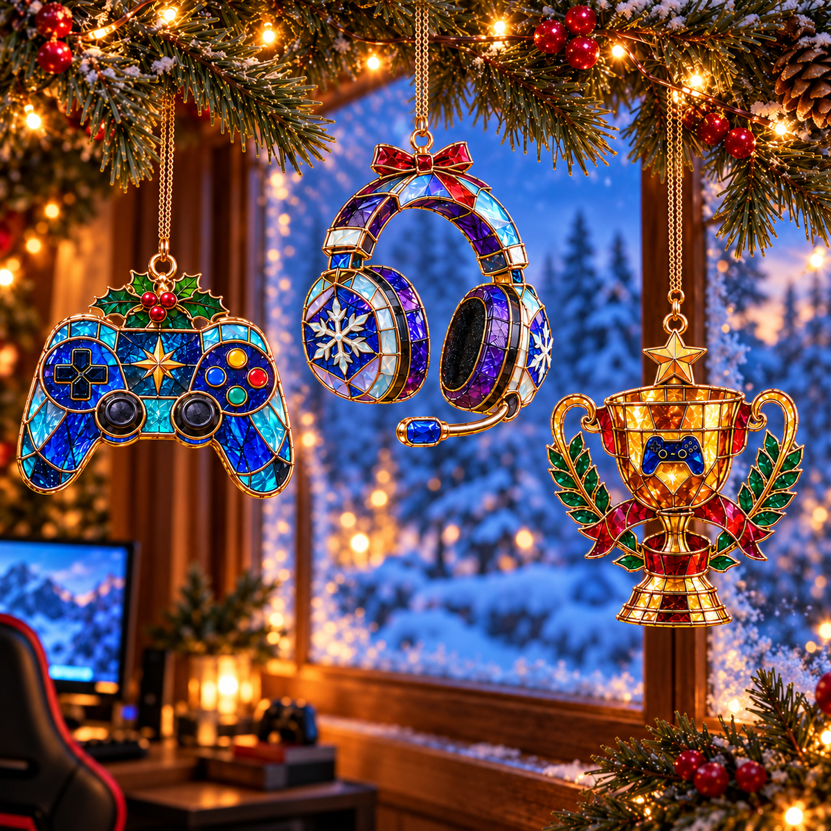 Level Up Your Christmas – 6-Piece Vintage Stained Glass Gaming Ornament Set