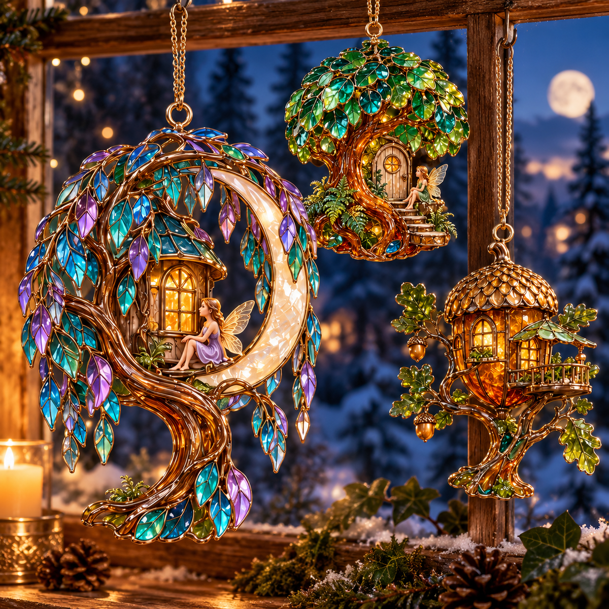 ✨ 2026 Enchanted Stained Glass Treehouse Christmas Ornaments – Set of 6 | Fairy Tree Houses, Autumn Maple, Acorn Cottage & Moonlight Willow Hanging Decorations | Magical Christmas Tree Ornaments & Fairy Garden Gifts