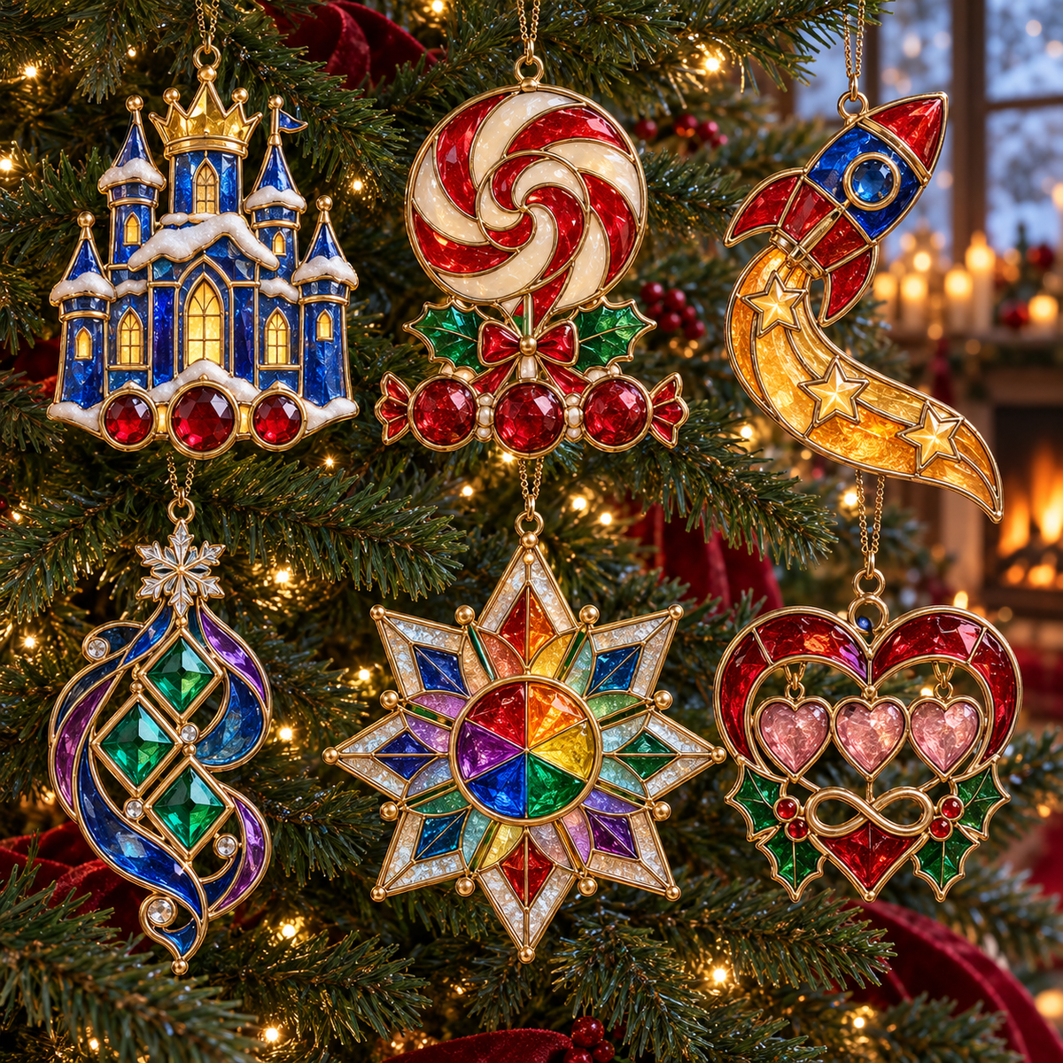 ✨ 2026 Magical Stained Glass Christmas Ornaments – Set of 6 | Crystal Castle, Candy, Rocket, Rainbow Star & Heart Hanging Decorations | Colorful Christmas Tree Ornaments & Holiday Gifts